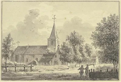 Kirche an der Landstrasse, rechts zwei Männer, der eine trägt eine Sense by Питер Ян ван Лиендер, 1760 — digital art print…