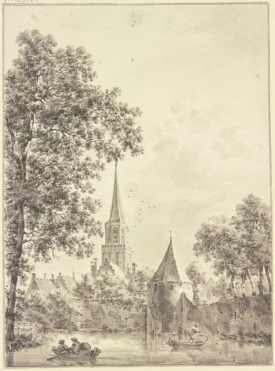 Wassergraben an der Stadtmauer mit einem runden Turm, hinten die Kirche, auf demselben zwei Kähne by Питер Ян ван Лиендер —…