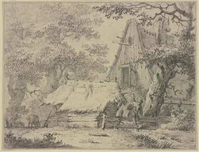 Ein Bauernhaus im Walde, ein Mann steigt über den Zaun by Питер Питерсз. Барбиерс — digital art print download