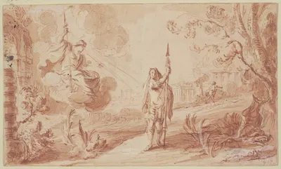 Ein Krieger vor einer Göttin auf Wolken by Pieter Tanjé — digital art print download