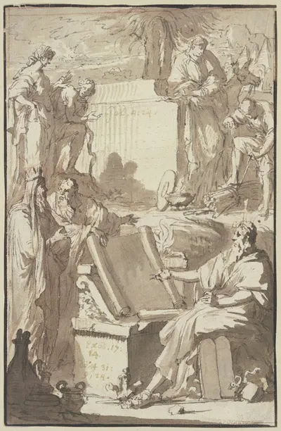 Titelblatt, oben das Motiv der arkadischen Hirten Poussins, unten rechts Mose by Pieter Tanjé — digital art print download