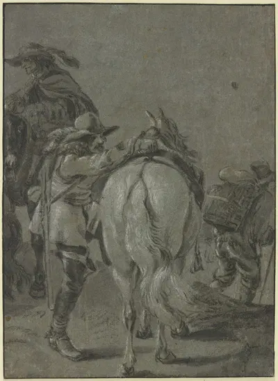 Aufsteigender Reiter, eine Flinte auf dem Rücken, dabei ein anderer Reiter und ein Mann, der einen Korb auf dem Rücken…