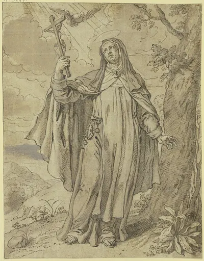 Eine heilige Nonne hält das Kruzifix in der Hand, der Heilige Geist schwebt über ihr, rechts ein Baum by Pieter van Lint —…