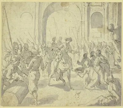 Feldherr zu Pferde empfängt die Schlüssel einer Stadt by Pietro Liberi — digital art print download