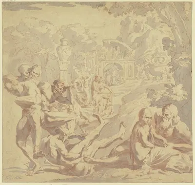 Bacchanal, rechts liebkost ein alter Mann ein Mädchen, links fällt ein Mann über einen Weinschlauch by Пьетро Теста —…