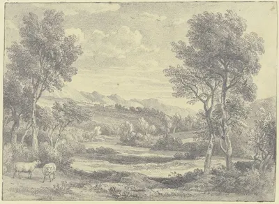 Baumreiche Landschaft mit zwei Schafen im Vordergrund by Рэмси Ричард Рейнэгл — digital art print download