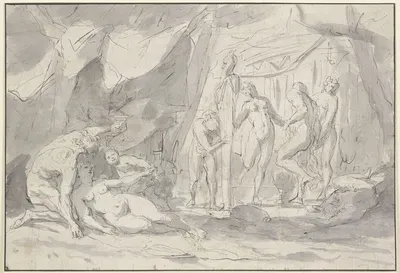 Bacchanal, Nymphen und Faune tanzen um eine Panherme by Raymond Lafage — digital art print download