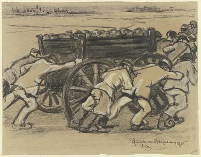 Arbeiter in Lodz schieben eine Karre by Reinhard Pfaehler von Othegraven, 1915 — digital art print download