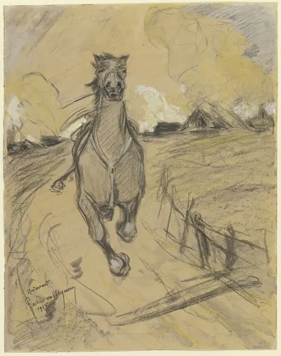 Gesatteltes reiterloses Pferd auf der Flucht, im Hintergrund ein brennendes Dorf by Reinhard Pfaehler von Othegraven, 1915…