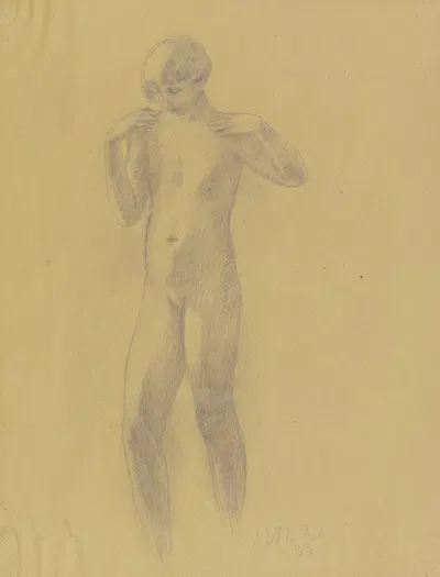 Weiblicher Akt, stehend, die Hände an die Schultern geführt by Richard Martin Werner, 1933 — digital art print download
