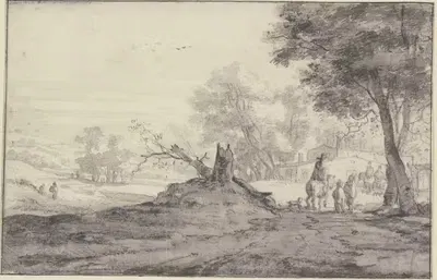 Landschaft mit Bäumen und Häusern, in der Mitte die Reste eines abgehauenen Baumes, Reiter und Fußgänger by Roelant Roghman…