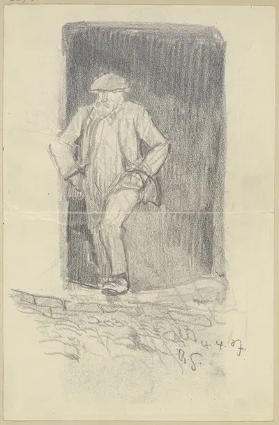 Ein alter Mann, die Hände in Taschen, in einer Tür lehnend by Рудольф Гудден, 1907 — digital art print download