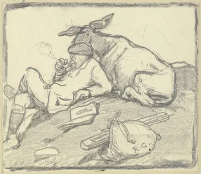 Ein Pfeife rauchender Mann auf einem Hügel rastend, angelehnt an einen Esel by Рудольф Гудден — digital art print download