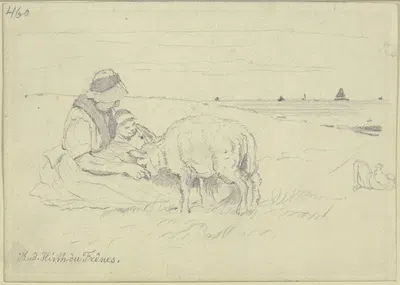 Frau mit Kind und Schaf am Strand by Рудольф Хирт дю Френ — digital art print download