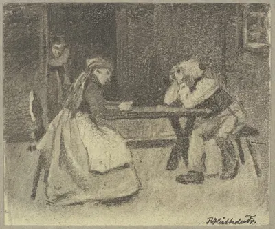 Jägerblut, Mann und Frau sitzen an einem Tisch by Rudolf Hirth du Frênes — digital art print download