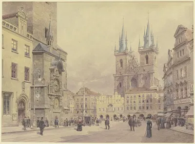 Blick auf die Teynkirche und die Mariensäule am Altstädter Ring zu Prag by Рудольф фон Альт — digital art print download