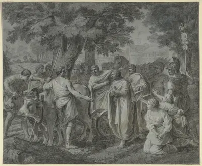 Cincinnatus wird direkt vom Pflug weg zum Diktator Roms berufen by Себастьен Бурдон — digital art print download