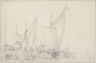 Barken liegen an einem gemauerten Quai, auf welchem mehrere Figuren stehen by Simon de Vlieger — digital art print download