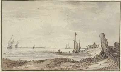 Meeresstrand mit ruhiger See, rechts im Mittelgrunde hält ein Wagen, sieben Segel in Sicht by Simon de Vlieger — digital…