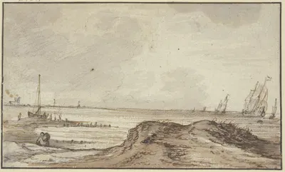 Meeresstrand, rechts fünf nach rechts segelnde Schiffe by Simon de Vlieger — digital art print download
