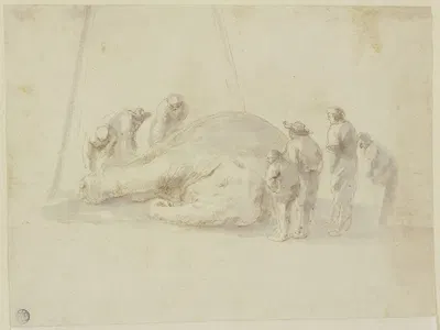 Toter Elefant und sieben Betrachter by Stefano Della Bella, 1655 — digital art print download