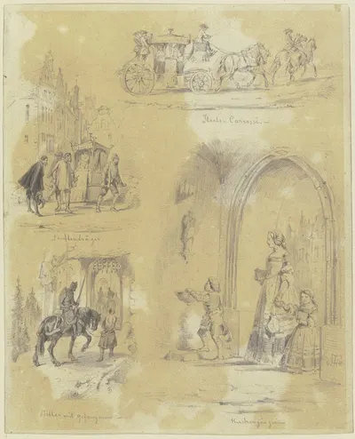 Studienblatt; eine Staatskarosse, Sänftenträger, ein Ritter mit seinem Gefangenen, Kirchgänger by Теодор Хоземанн, 1864 —…