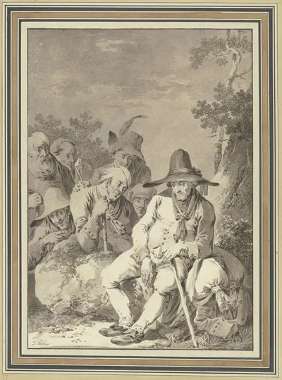 Sitzender Bauer mit großem Hut, bei seinem Gepäck rastend, und sechs Begleiter by Тиберий Доминикус Вохер — digital art…