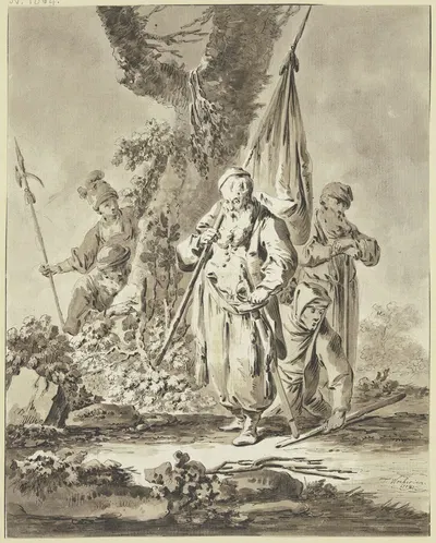 Ein alter Mann mit Fahne und Degen sowie zwei weitere Figuren by Тиберий Доминикус Вохер, 1774 — digital art print download