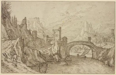 Felsiges Flußtal, im Vordergrund eine Bogenbrücke, rechts eine Stadt by Тобиас Верхаект — digital art print download