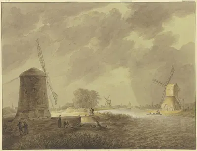 Windmühlen an einem Fluß bei stürmischem trübem Wetter by Урсула Магдалена Рейнхаймер — digital art print download