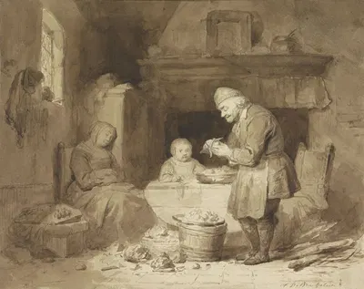 While a woman has fallen asleep, an old man peels potatoes by Ferdinand de Braekeleer — digital art print download