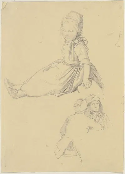 Studienblatt; Sitzendes kleines Mädchen, darunter zwei Männer im Gespräch by Jakob Becker — digital art print download