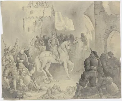 Ein bärtiger Herrscher mit Gefolge reitet nächtens auf eine ruinöse Burg zu by Виктор Мюллер, 1845 — digital art print…