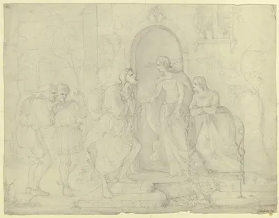 Mann, einen Sack über die Schulter geworfen, spricht unter dem Spott Umstehender eine junge Frau an by Виктор Мюллер, 1846…