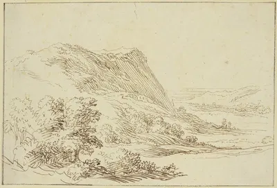 Landschaft, links ein Berg und Sträucher, rechts ein Tal im Hintergrund by Vincent Jansz. van der Vinne — digital art print…