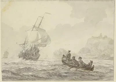 Bewegte See, links segelt ein großes Schiff, rechts ein Ruderboot mit vier Mann by Вигерус Витринга — digital art print…