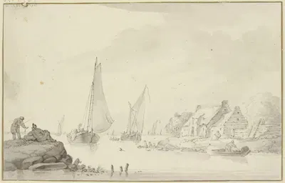 Marine, rechts am Ufer Bauernhäuser, links auf einem Felsen zwei Fischer by Вигерус Витринга, 1701 — digital art print…