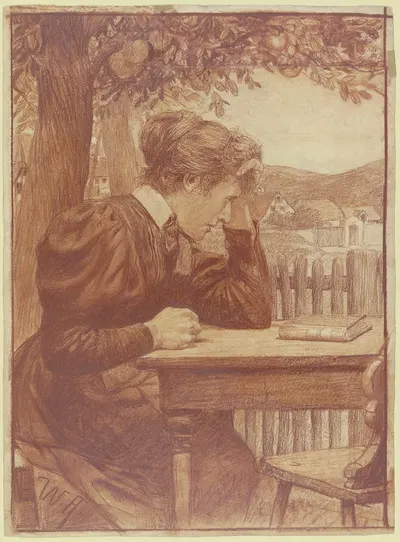 An einem Gartentisch sitzende Frau by Wilhelm Altheim — digital art print download