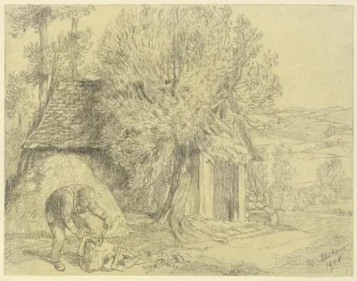Bauer vor seinem Hause, Holz hackend by Wilhelm Altheim, 1908 — digital art print download