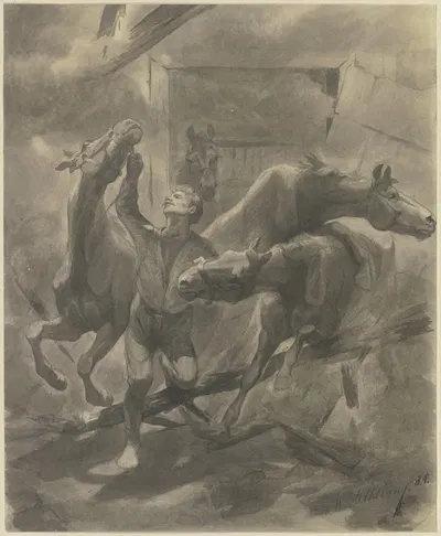 Knecht mit wilden Pferden vor Stall by Вильгельм Альтхейм, 1888 — digital art print download