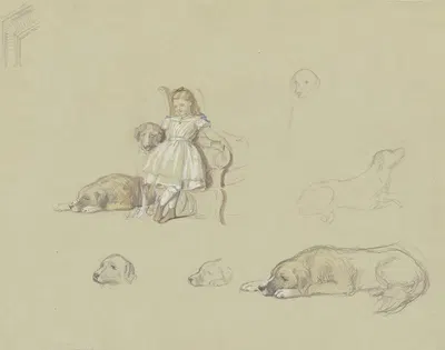 Sieben Hundestudien, in der Mitte Töchterchen mit Hund an Sessel gelehnt by Вильгельм Амандус Бир — digital art print…