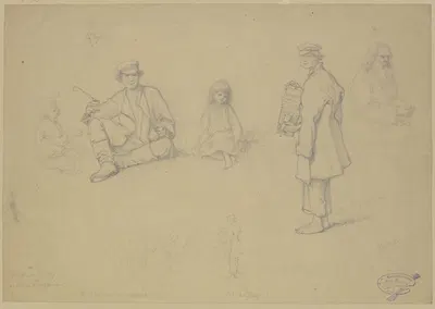 Studienblatt; verschiedene im Gras stehende und sitzende Figuren by Вильгельм Амандус Бир — digital art print download