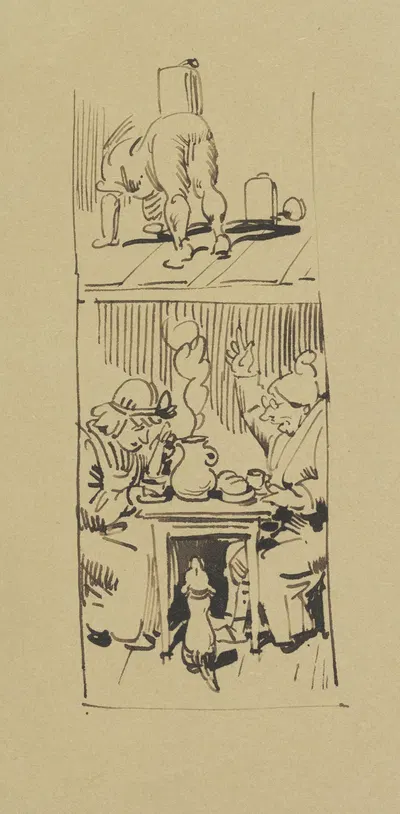 Derweil sitzt unten beim Kaffee ; Herr Meck und deutet in die Höh' by Wilhelm Busch, 1871 — digital art print download