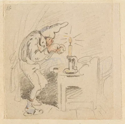 Die gestörte, aber glücklich wieder errungene Nachtruhe (Der Floh); 16 by Wilhelm Busch, 1862 — digital art print download