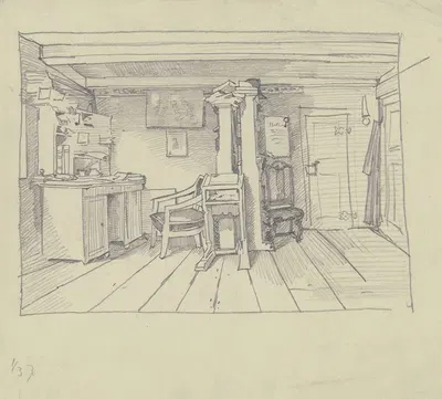 Zimmer mit Schreibtisch, Stehpult und Bücherregalen by Wilhelm Busch — digital art print download