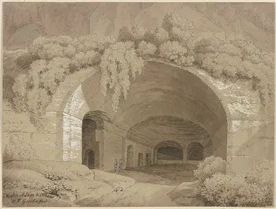 Blick in ein antikes Gewölbe an einem Berghang, von Buschwerk umrahmt, in der Grotte zwei Figuren by Вильгельм Фридрих…
