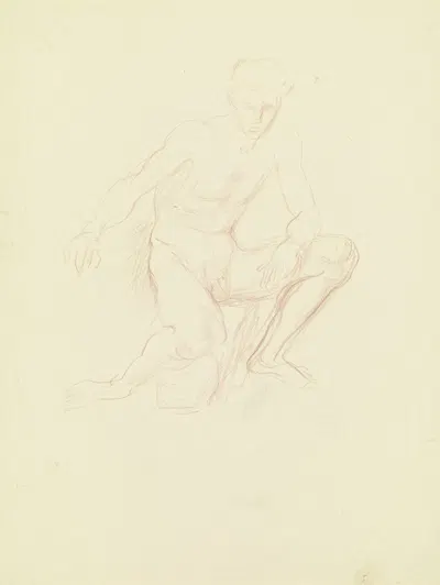 Hockender Jünglingsakt, das rechte Knie auf einen Stein stützend by Wilhelm Rietschel — digital art print download