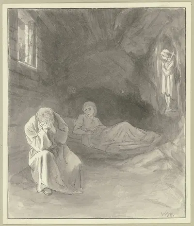 Am Tisch sitzender Mann in einer Felsnische by Вильгельм Штайнхаузен — digital art print download