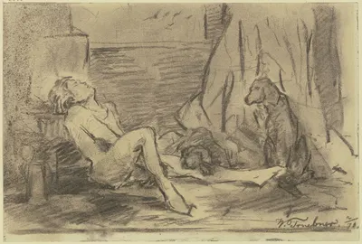 Vom Wein überwältigter junger Mann, bei dem zwei Hunde Wache halten by Вильгельм Трюбнер, 1970 — digital art print download