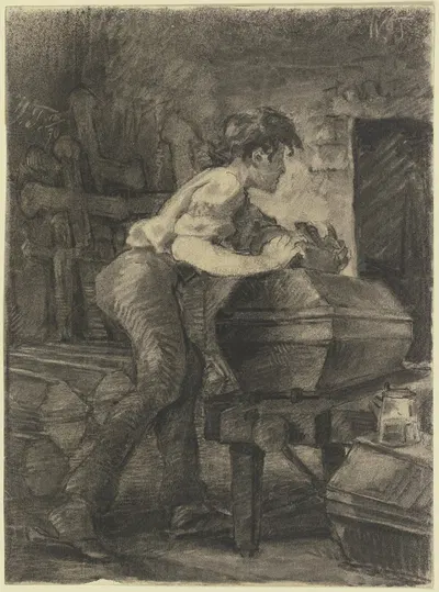 Ein junger Schreiner hobelt in der Werkstatt an einem Sarg by Вильгельм Трюбнер, 1870 — digital art print download